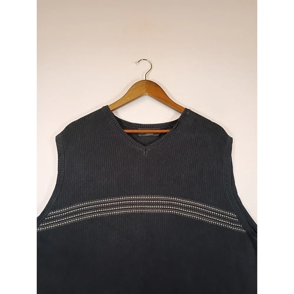 Dark Academia Brandini Mens Large Navy Blue Ribbed Cotton V-Neck Sweater Vest